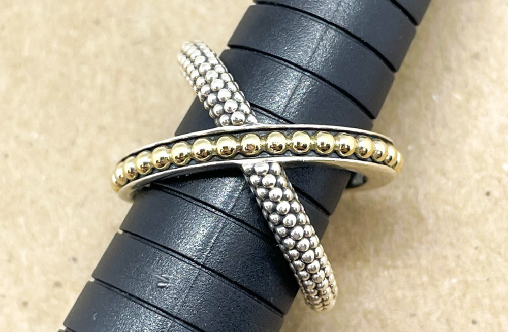 LAGOS KSL Two-Tone X Beaded Ring Sterling Silver & 18K Yellow Gold Size 7
